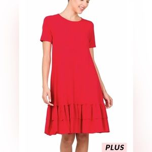 Plus Short Sleeve Round Neck Ruffle Hem Dress